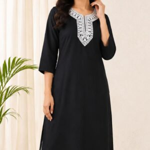 Women's Black Embroidered Straight Kurti | White Neck Embroidery | 3/4 Sleeve Casual Ethnic Kurta