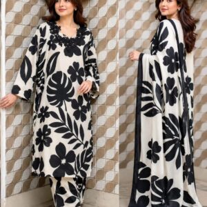 Pakistani Style Floral Printed Women's Suit Set with Dupatta | Elegant Black & White Kurta Palazzo Set for Women