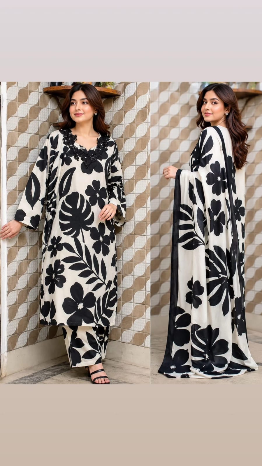 Pakistani Style Floral Printed Women's Suit Set with Dupatta | Elegant Black & White Kurta Palazzo Set for Women