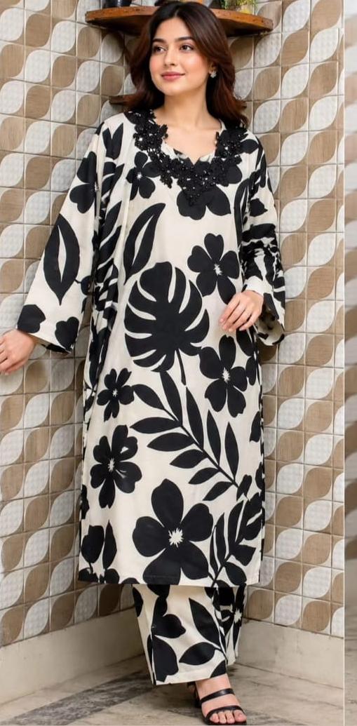Pakistani Style Floral Printed Women's Suit Set with Dupatta | Elegant Black & White Kurta Palazzo Set for Women - Image 2