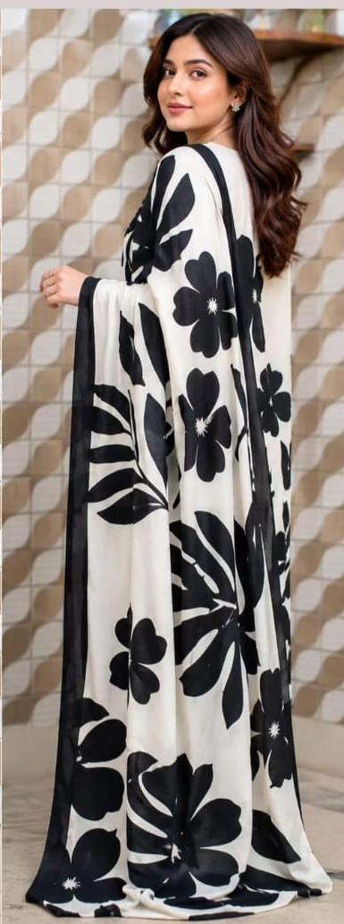 Pakistani Style Floral Printed Women's Suit Set with Dupatta | Elegant Black & White Kurta Palazzo Set for Women - Image 3