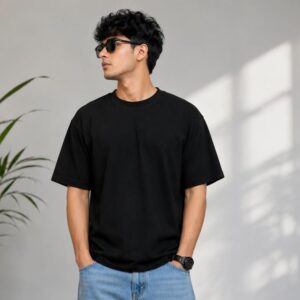 Men's Oversized Plain Black Cotton Blend T-Shirt | Round Neck Half Sleeve Casual Tee