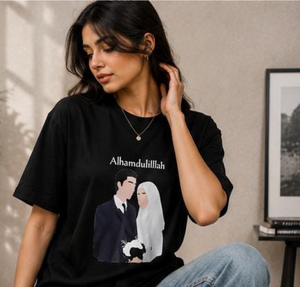 Alhamdulillah Islamic Couple Print Oversized Black T-Shirt for Women | Premium Cotton Graphic Tee | Casual Streetwear - Image 3