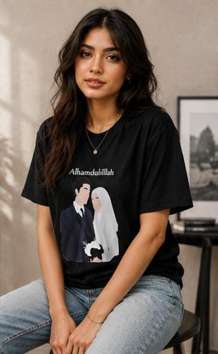 Alhamdulillah Islamic Couple Print Oversized Black T-Shirt for Women | Premium Cotton Graphic Tee | Casual Streetwear - Image 2