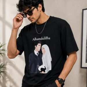Alhamdulillah Islamic Couple Print Oversized Black T-Shirt for Mans | Premium Cotton Graphic Tee | Casual Streetwear