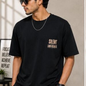 Silent Moves Loud Results Men's Oversized Graphic Printed Black T-Shirt