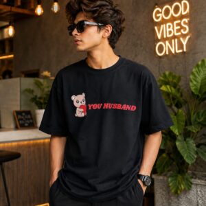 Cute Teddy Bear “You Husband” Oversized Black T-Shirt for Women